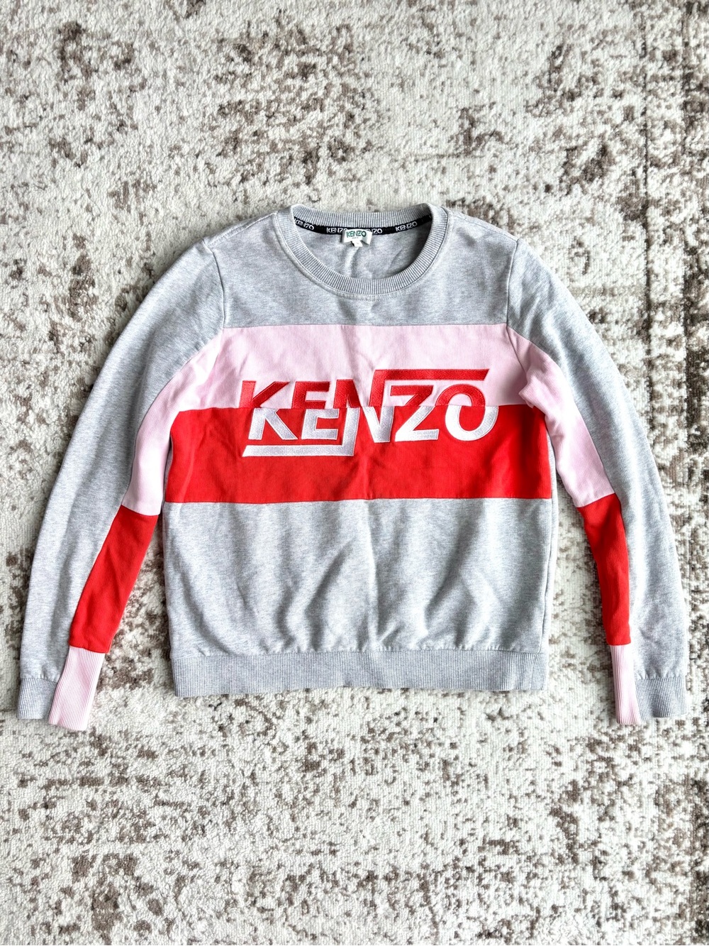 KENZO Grey Crewneck Sweatshirt with Pink and Red Logo Panels